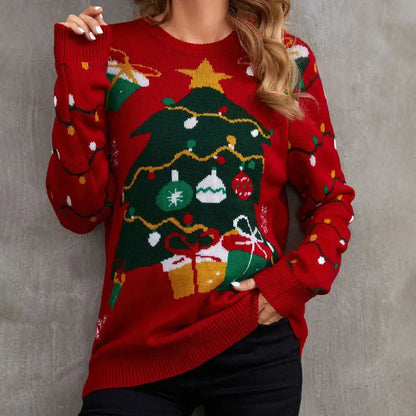 Klassischer Strick-Weihnachtspullover mit Baummuster für Damen