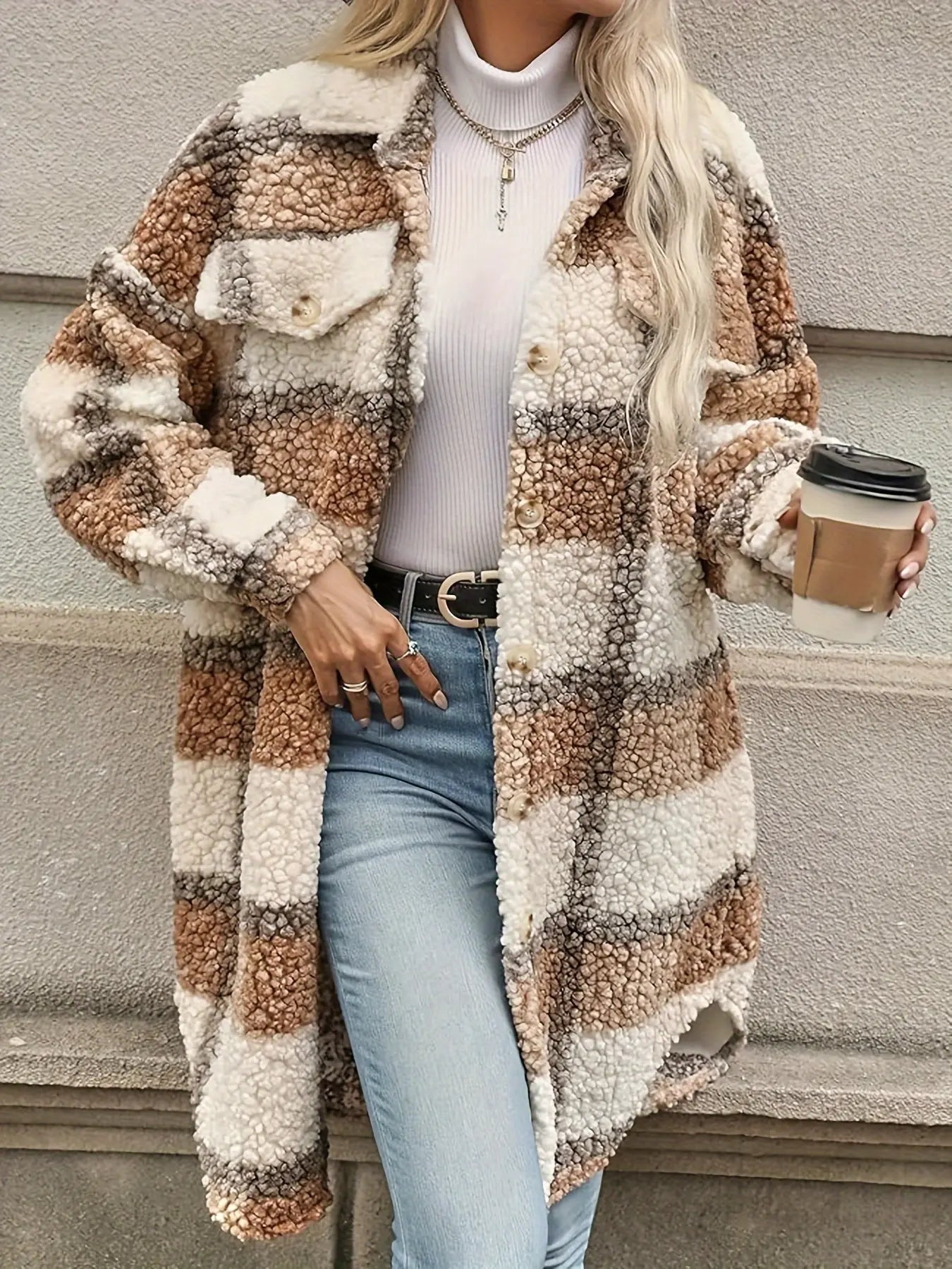 Karierte Fleecejacke Gemütlicher Stil Winter Damen