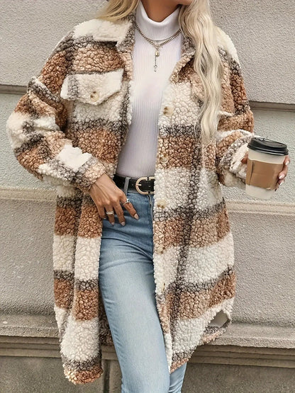 Karierte Fleecejacke Gemütlicher Stil Winter Damen