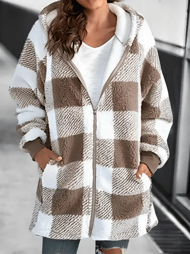 Übergroße Kariertes Fleecejacke mit Kapuze für Winter Damen