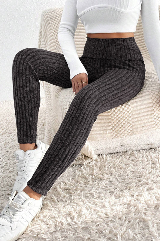 Dunkelgraue Strickleggings mit Weitem Bund für Frauen