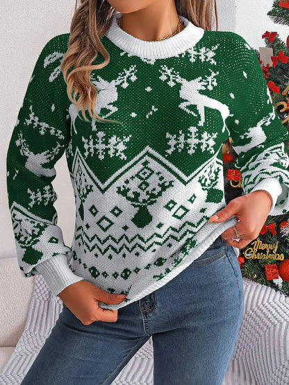 Klassischer Grüner Rentier Weihnachtspullover für Damen