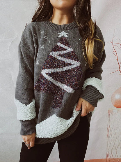 Glitzer Weihnachtspullover mit Tannenbaum und Stern für Damen