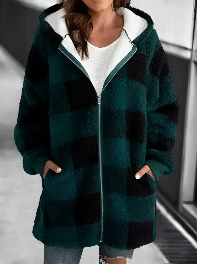 Übergroße Kariertes Fleecejacke mit Kapuze für Winter Damen