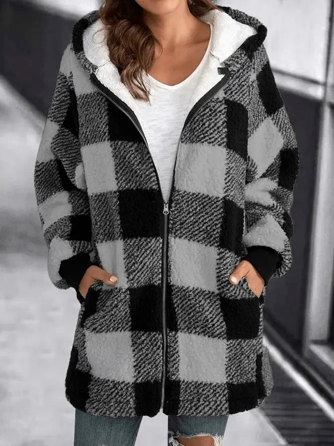 Übergroße Kariertes Fleecejacke mit Kapuze für Winter Damen